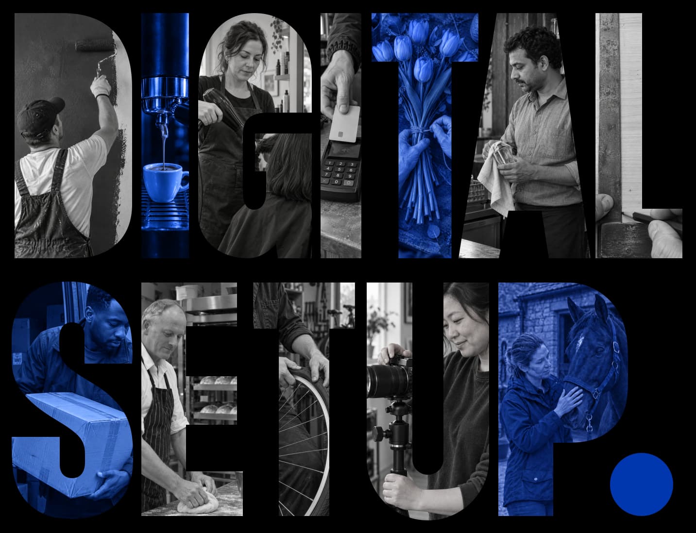 Digital Setup lettering filled with photographs of people at work, with Infinitus Blue accents.