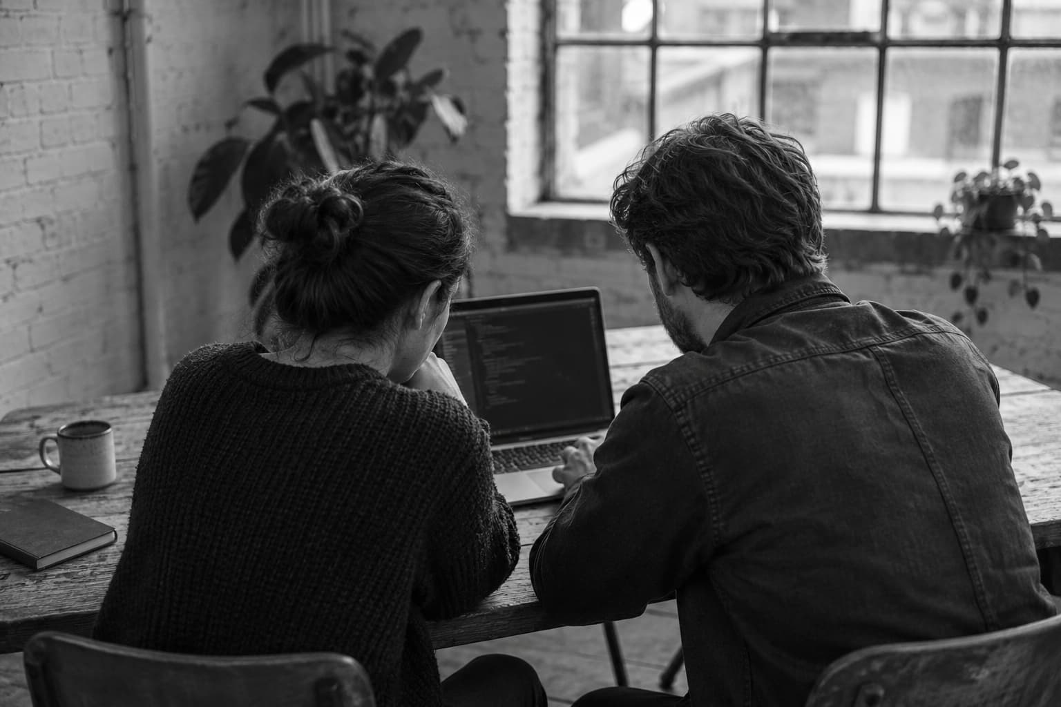 Illustrative monochrome studio photograph of two people reviewing a laptop, seen from behind