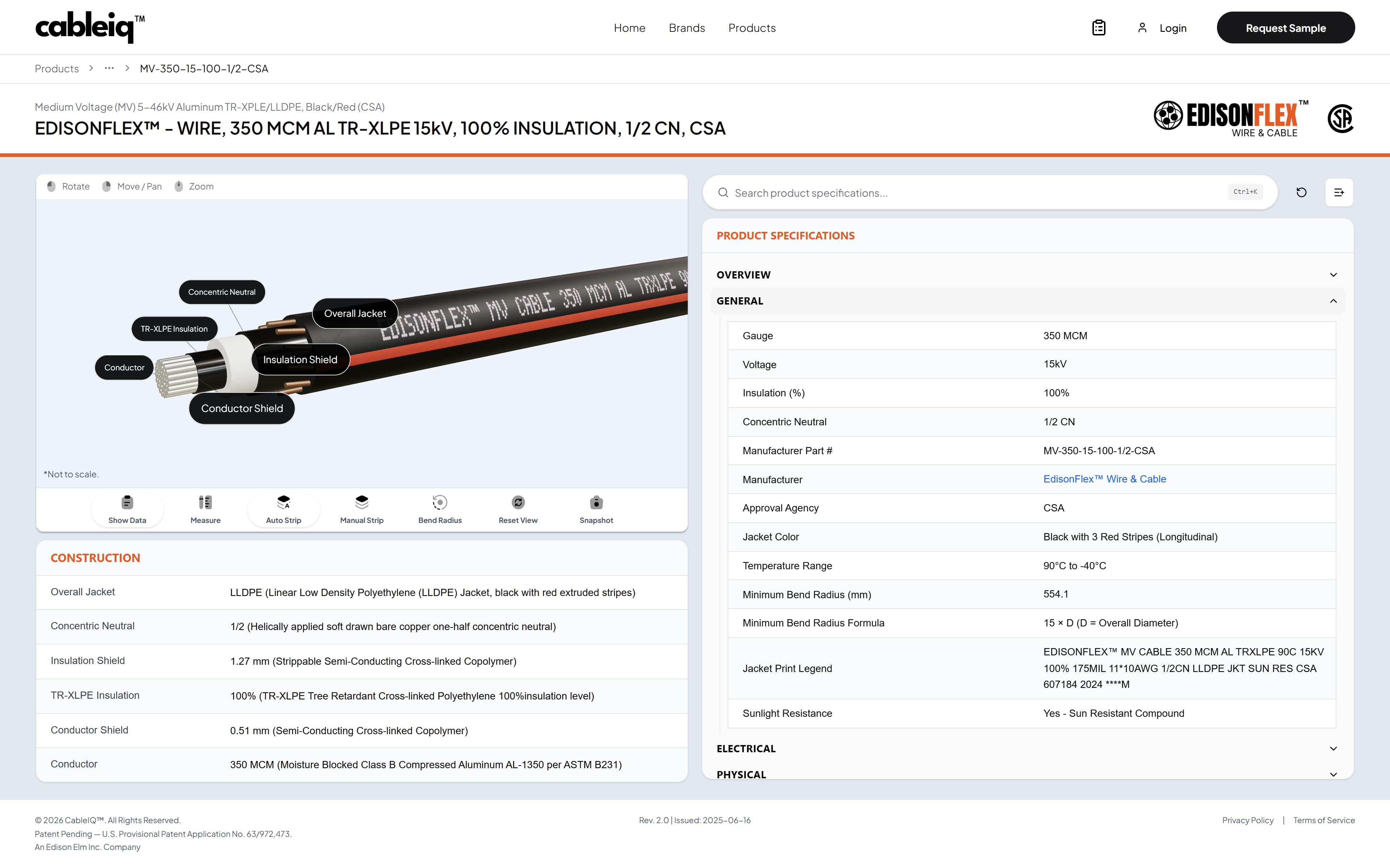 CableIQ cable cutaway with construction details and general product specifications