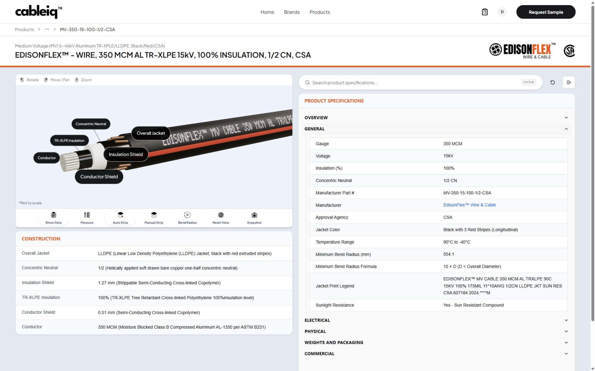CableIQ cable cutaway with construction details and general product specifications