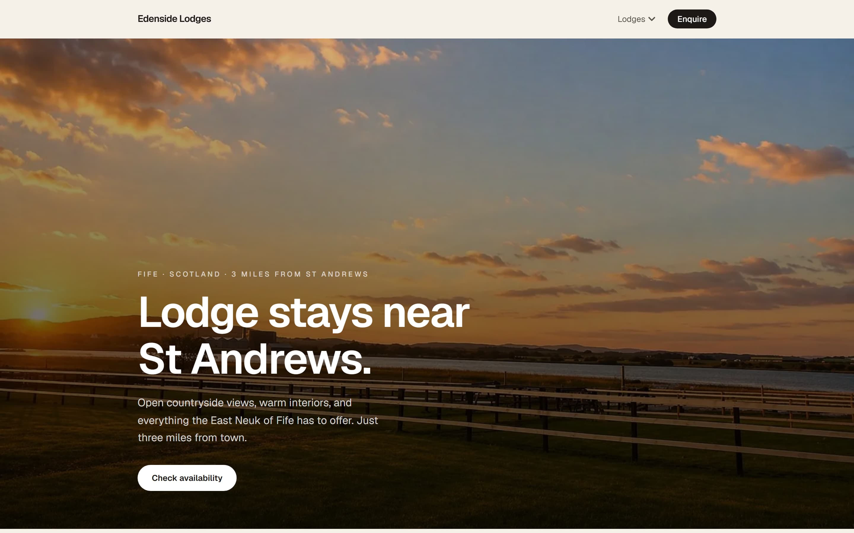 The Edenside Lodges homepage with a sunset view across the Eden estuary