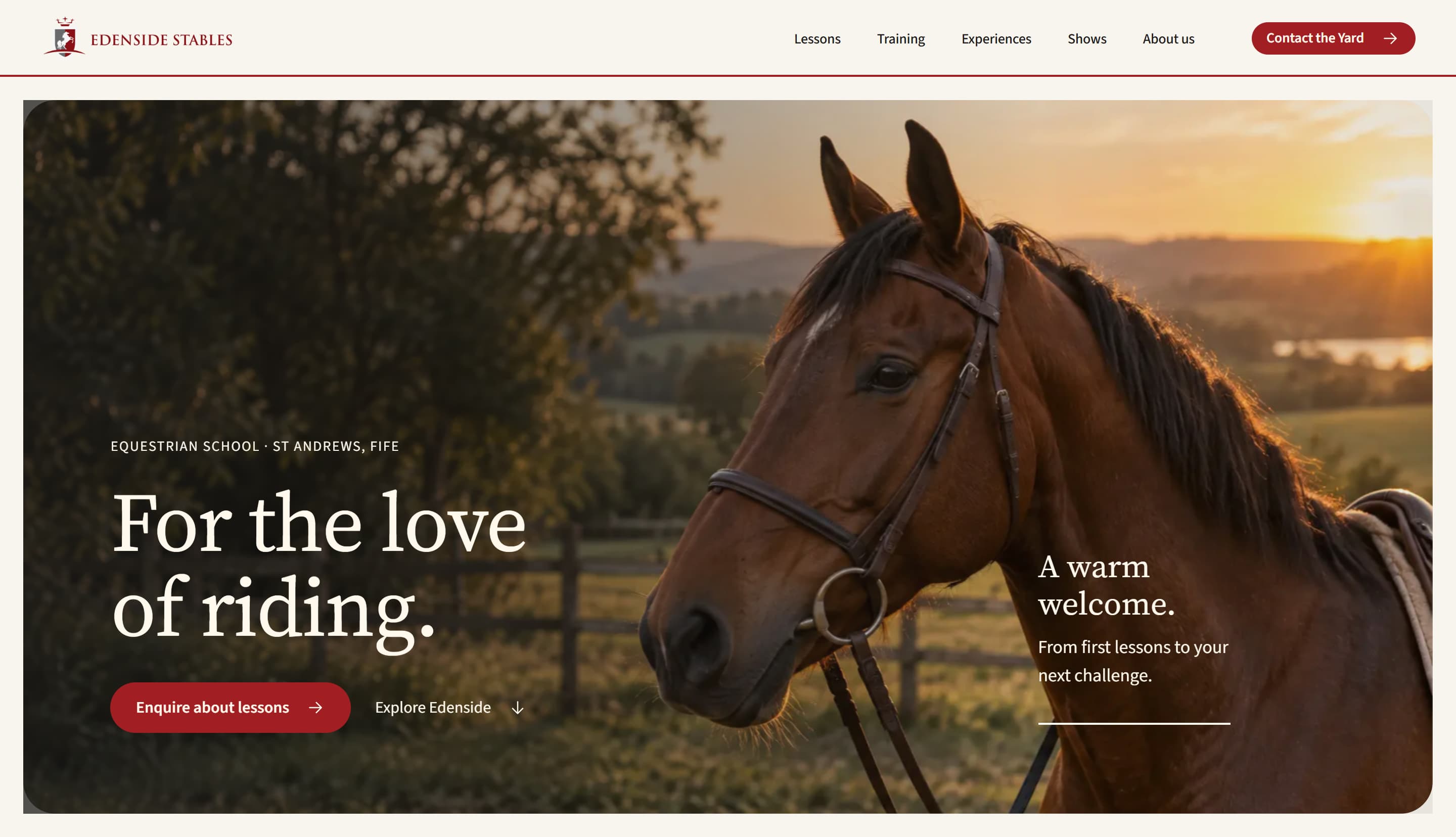 The Edenside Stables homepage, introducing the riding school and its lessons