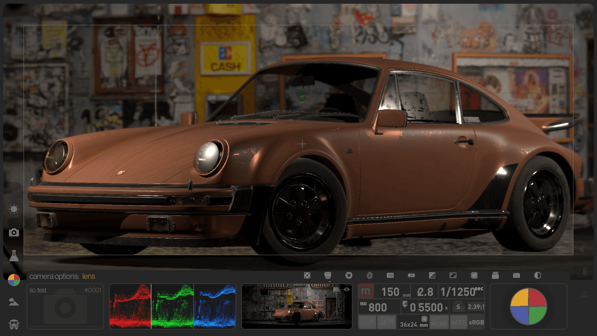 Virtual Photography Suite interface showing a cinematic Unity scene with lighting and camera controls